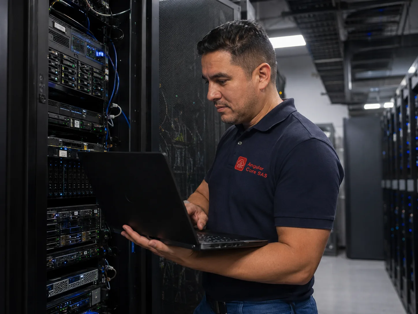 Ingeniero de Angular Core SAS administrando servidores en un centro de datos